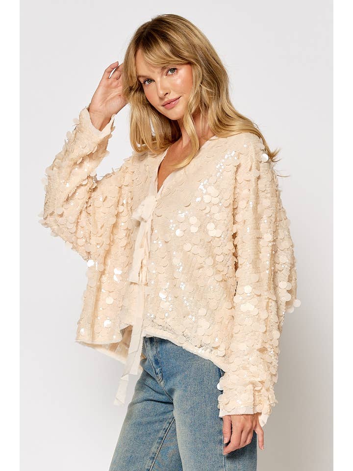 CREAM ILT5127 Long Sleeve Sequin Top With Front Bow Tie  for wholesale on Faire2