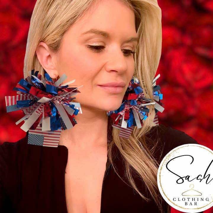 Sash Clothing Bar - Wholesale Dangle Earrings - Fourth of July Party Patriotic Pom Pom Earrings