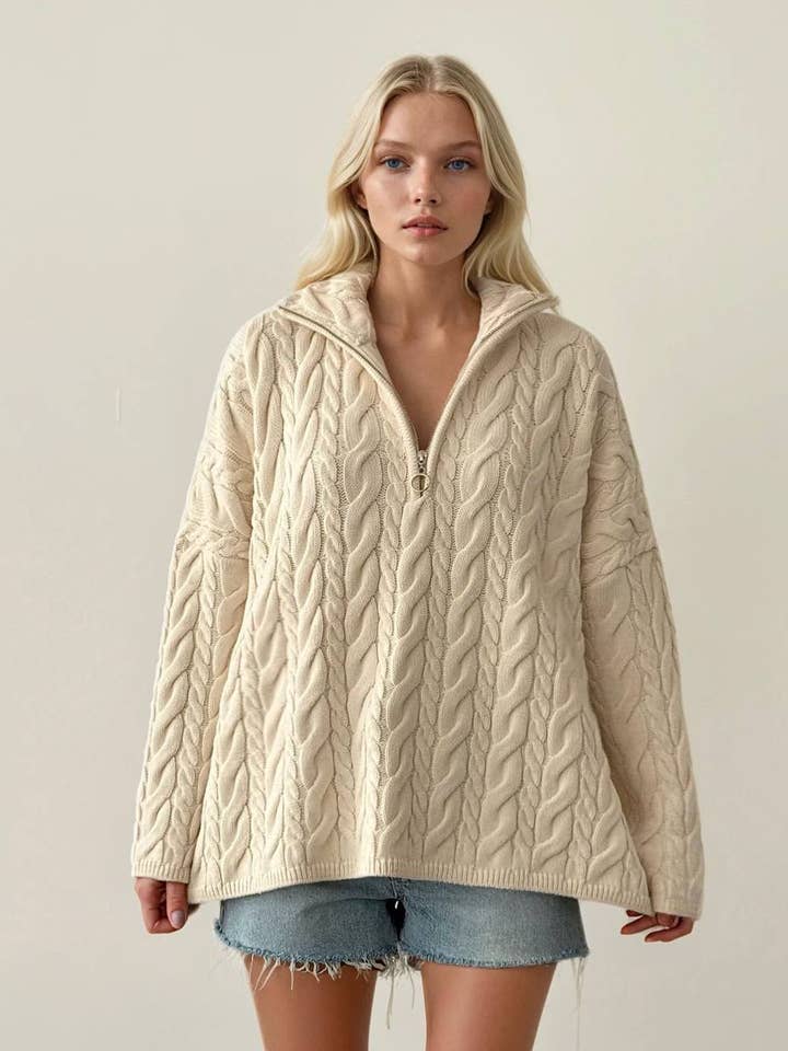 Cable Polo Sweater- RING ZIPPER for wholesale by Anaz