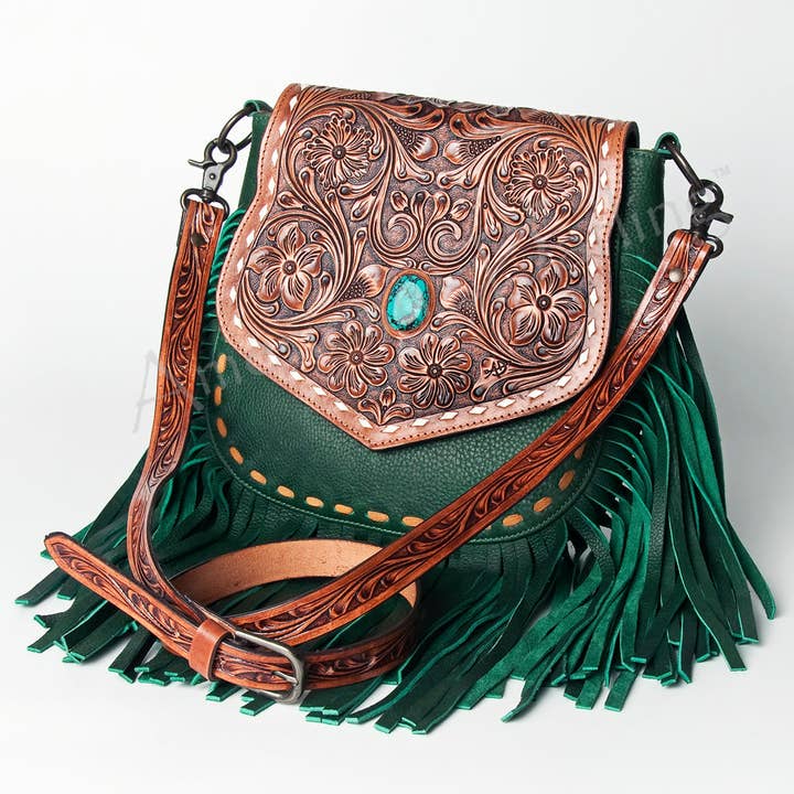 LC-ADBGZ479 Green Leather Western Fringe Messenger Bag - Hand-Tooled Floral Flap with Turquoise Accent for wholesale by LS Western