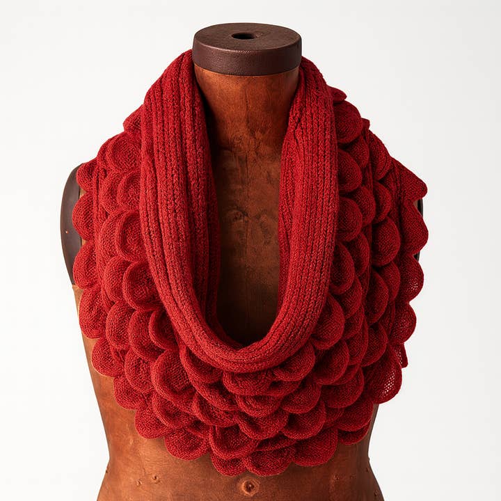 Brick Red Oversized Scalloped Ruffle Knit Infinity Scarf   for wholesale by Fennco Styles