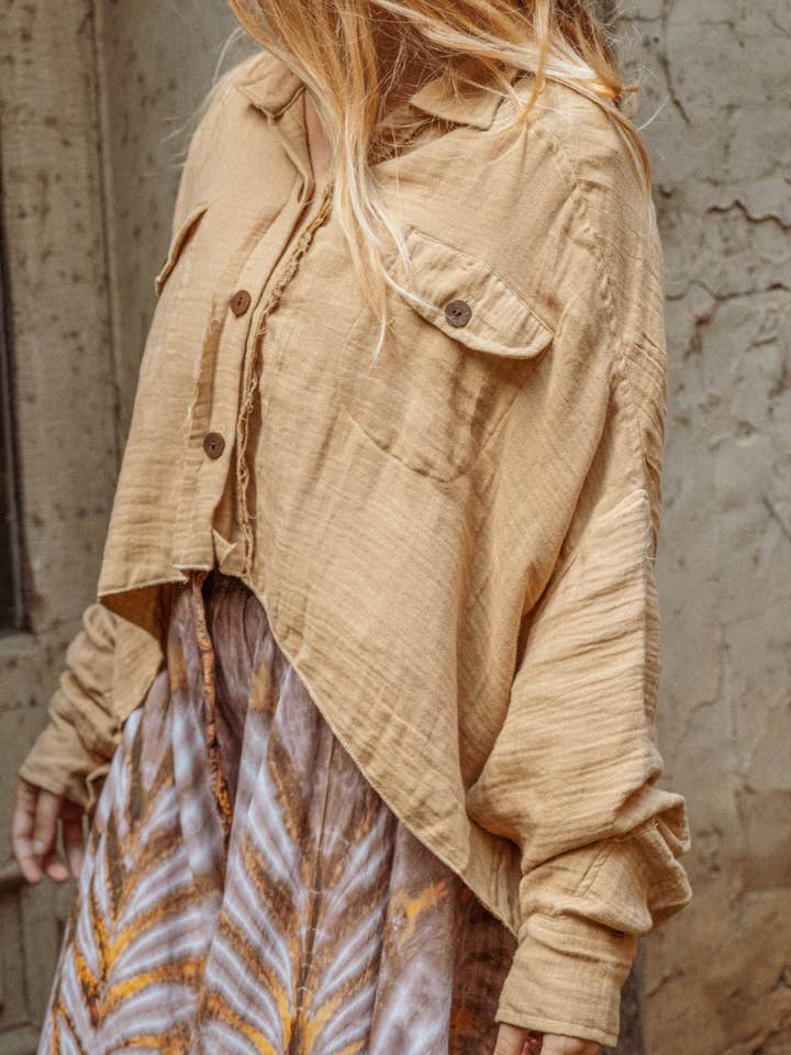 Beachy Boho Bamboo Cropped Shacket, Button Cover Layer for wholesale by Gardenbelle Shop