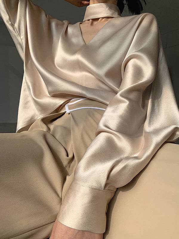 KK Bloom - Wholesale Blouse - Women's - Long Sleeves Loose Hollow Shiny Solid Color V-Neck Blouses&Shirts Tops1