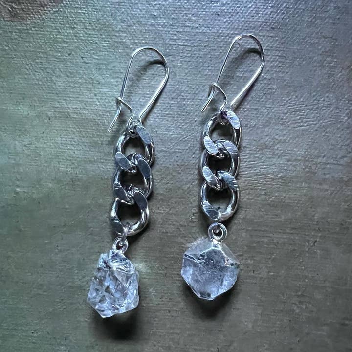 Brincos Corrente Curb Prata com Diamantes Herkimer por atacado de Carley King Jewels