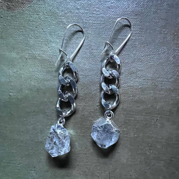 Silver Curb Chain Earrings with Herkimer Diamonds for wholesale by Carley King Jewels