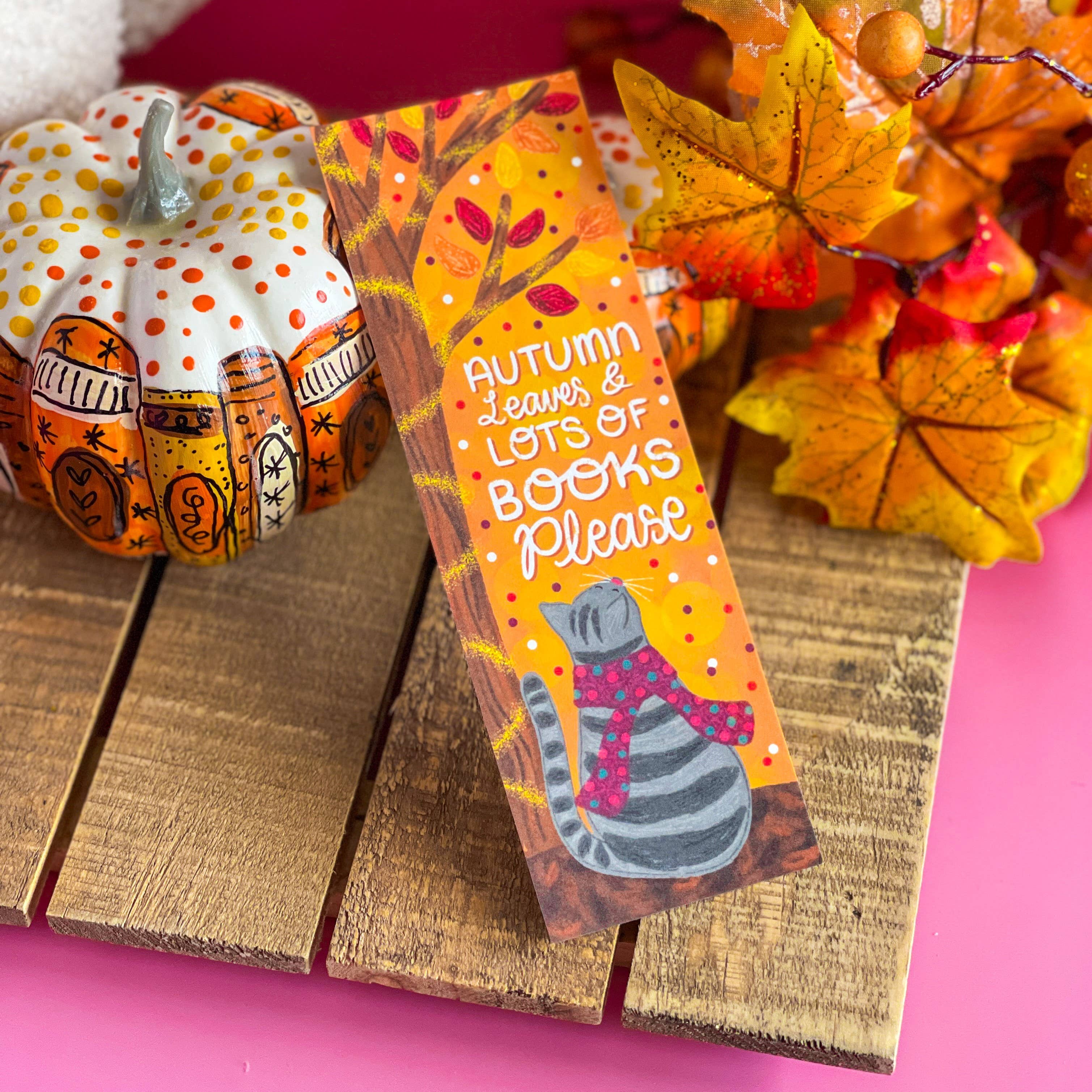 Emily Cromwell Designs - Wholesale Bookmark - Autumn Leaves and Lots of Book Please Cat Bookmark3