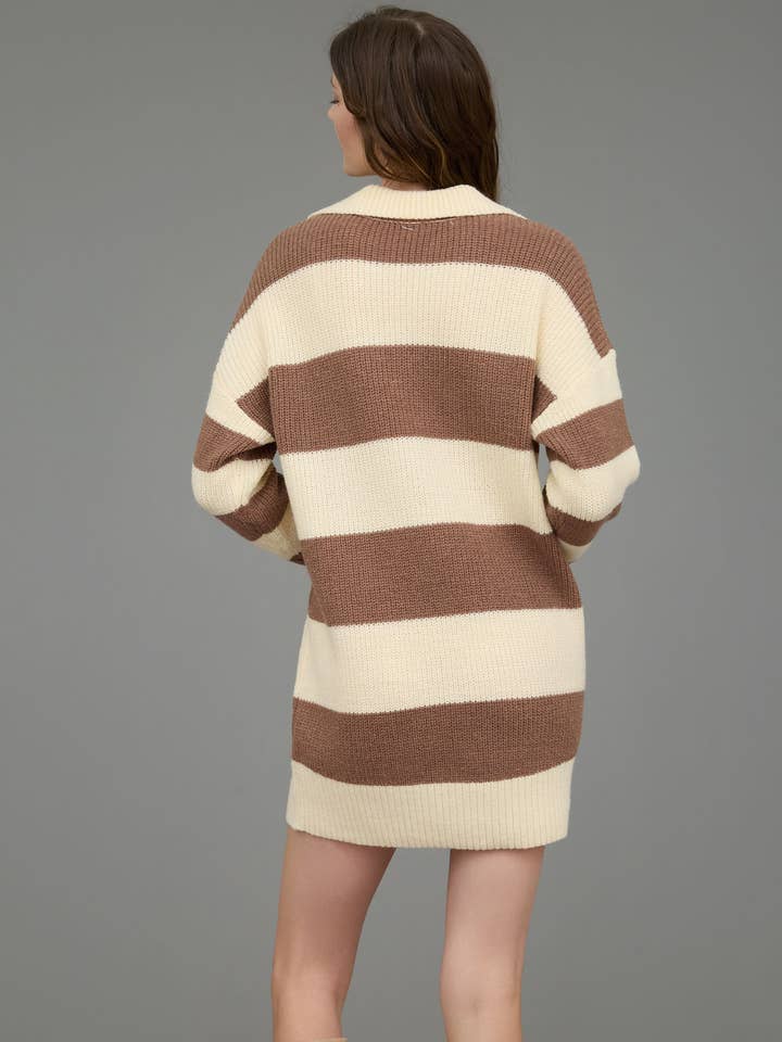 Blu Pepper - Wholesale Dress - Women's - STRIPE COLLARED LONG SLEEVE MINI SWEATER DRESS