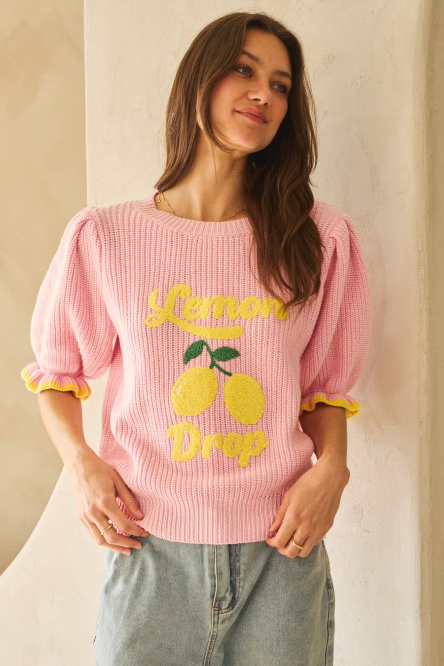 LT Pink Lemon Drop Graphic Knitted Sweater for wholesale on Faire0