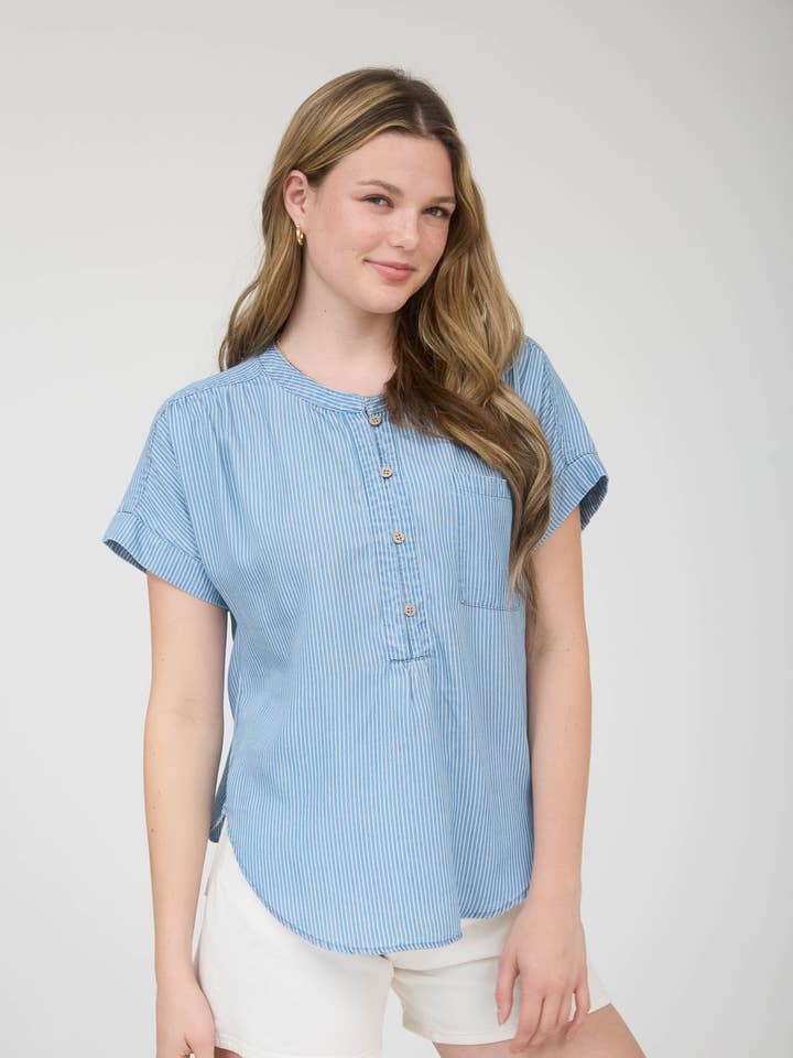 STRIPE CHAMBRAY HENLEY RUCHED DETAIL TOP for wholesale by Blu Pepper