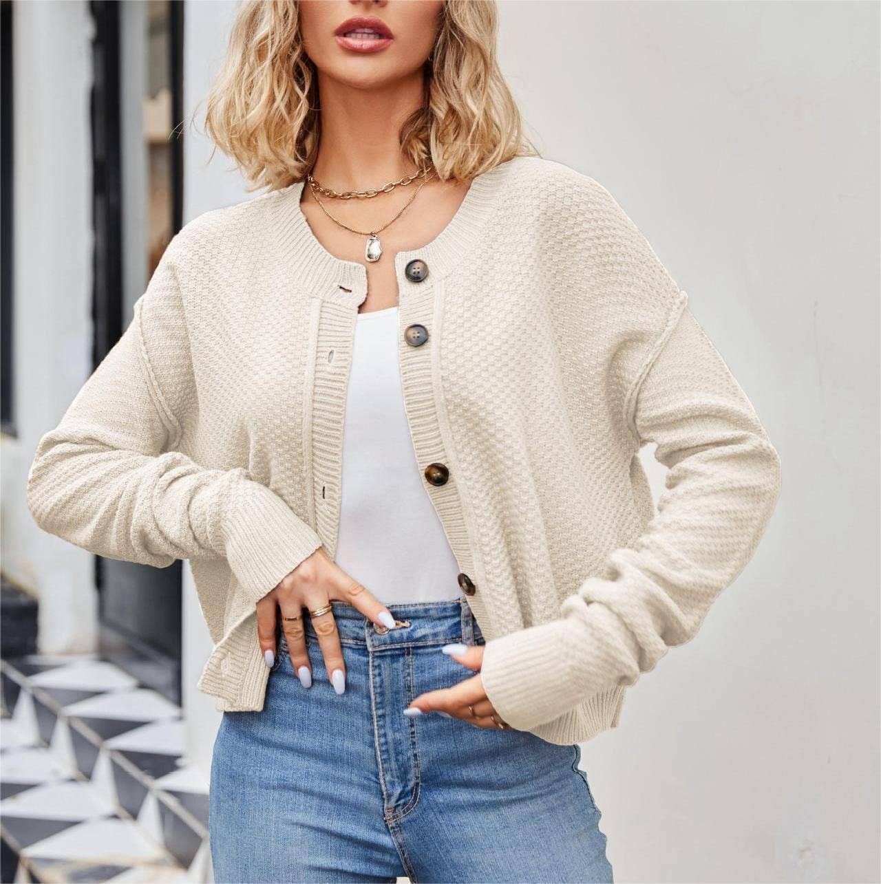 HIDDENBRAND - Wholesale Cardigan - Women's - Vintage Single-Breasted Button-Knit Cardigan12