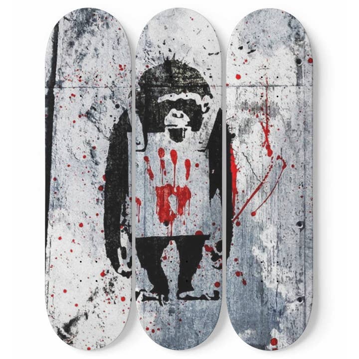 Banksy - Monkey Sign, 3-piece Skateboard Wall Art for wholesale by SkateboardArtsy