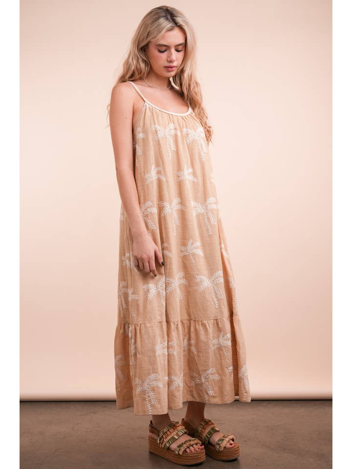 VERY J - Wholesale Dress - Women's - ND31675-Palm Tree Embroidered Summer Boho Midi Dress