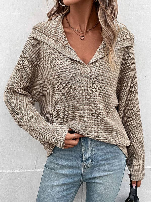 KHAKI Casual Loose Long Sleeves Solid Color Lapel Collar Sweater Tops for wholesale on Faire1