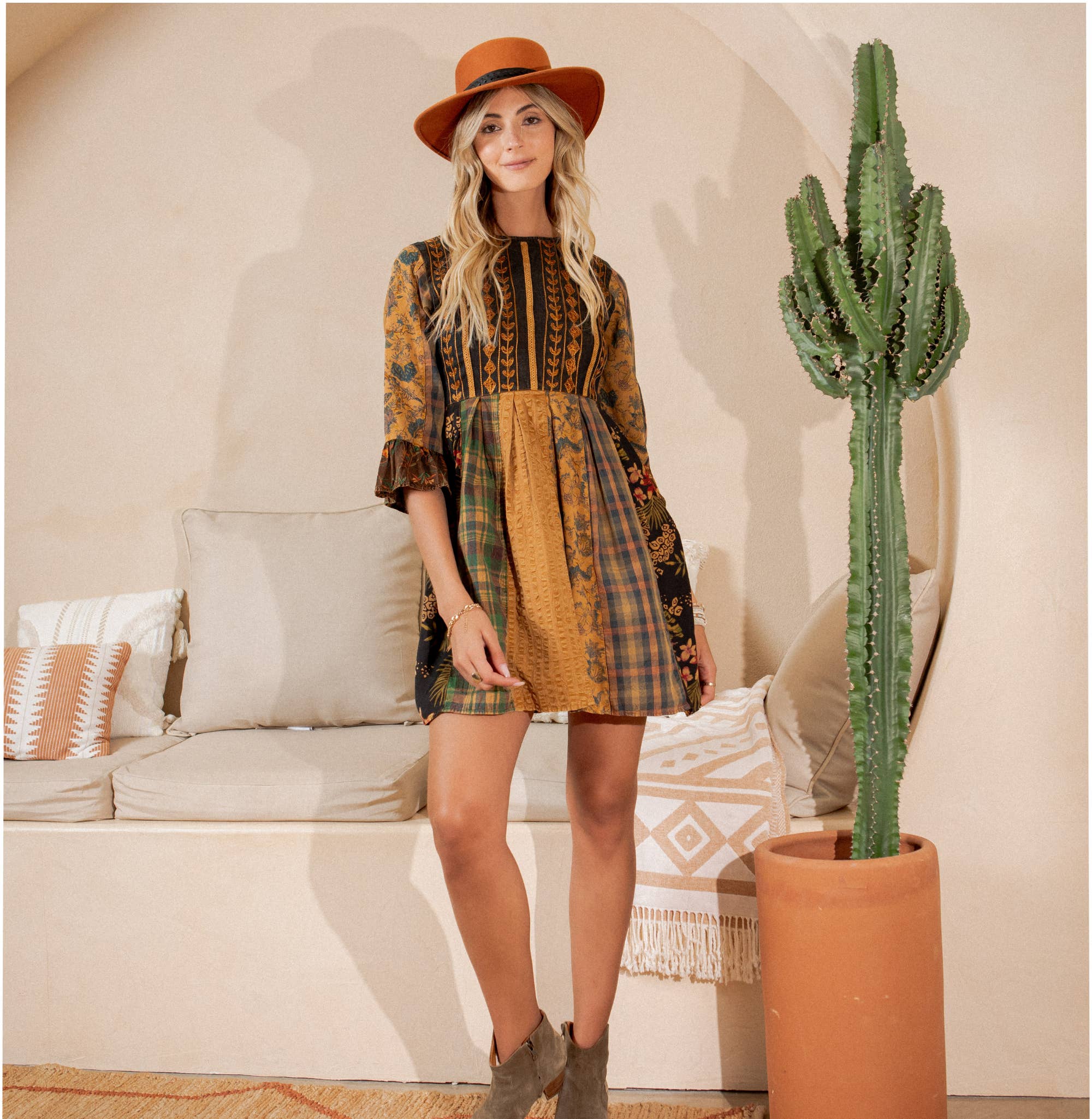CAMEL Rustic Bohemian: Fit and Flare Patchwork Mini Dress for wholesale on Faire