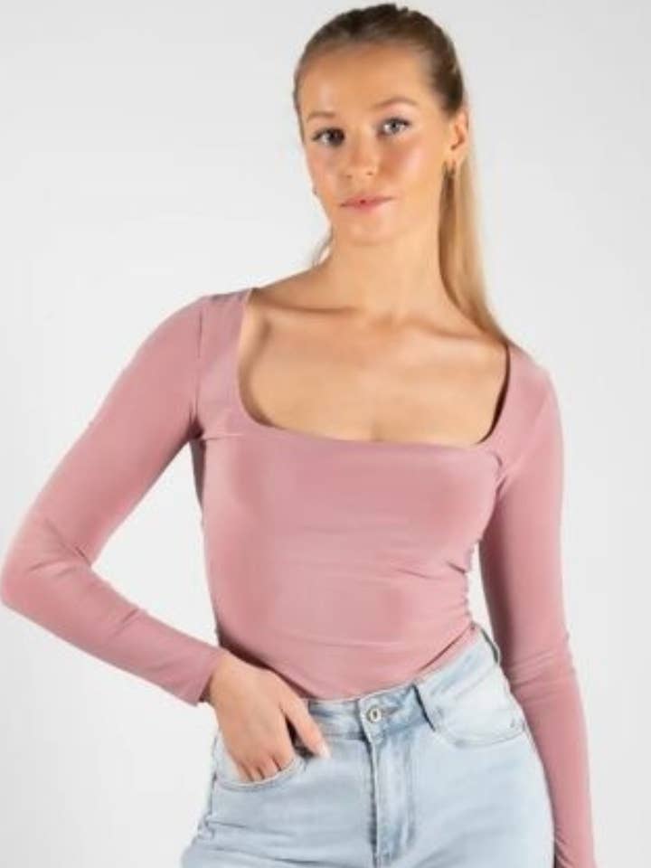 Dusty Pink Slinky Long Sleeve Square Neck Top - Thalina for wholesale by Femme Luxe