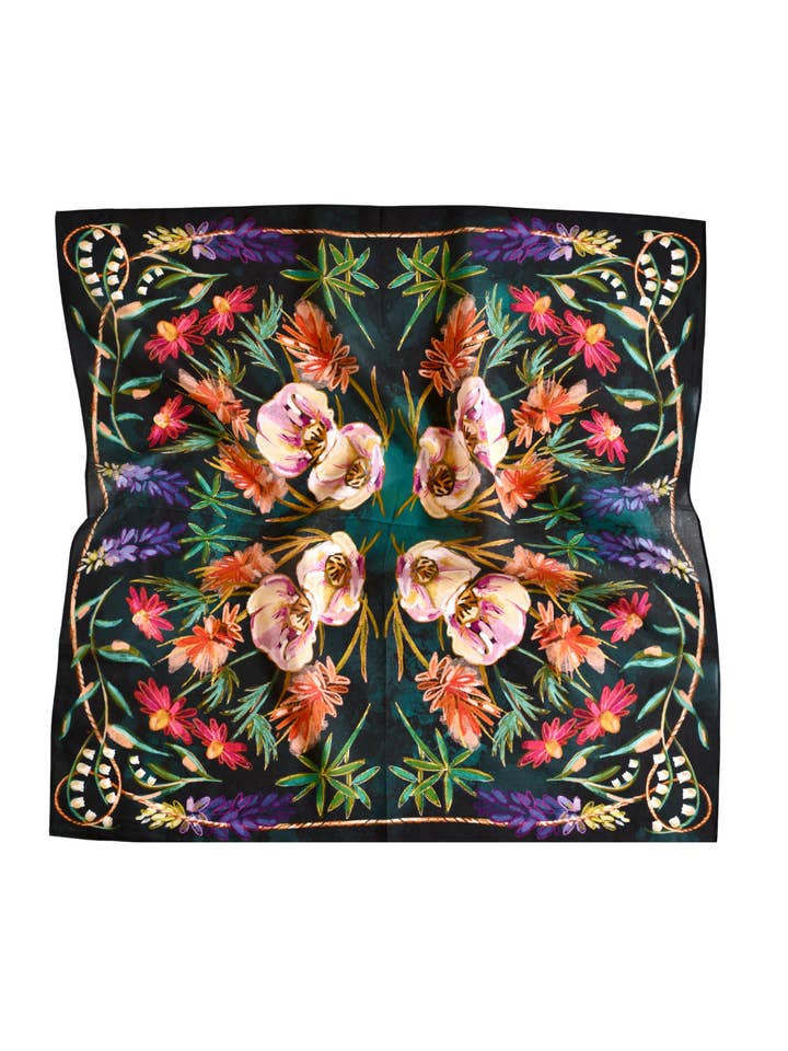 Vivid Wildflowers Western Cowgirl Silk Wild Rag Scarf for wholesale by Tirzah Lane Art