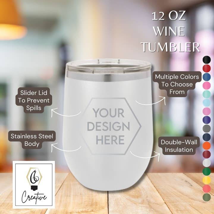 66 Creative - Wholesale Insulated Mug/Tumbler - 12 oz Stemless Wine Tumbler w/Lid - Custom Engraved3