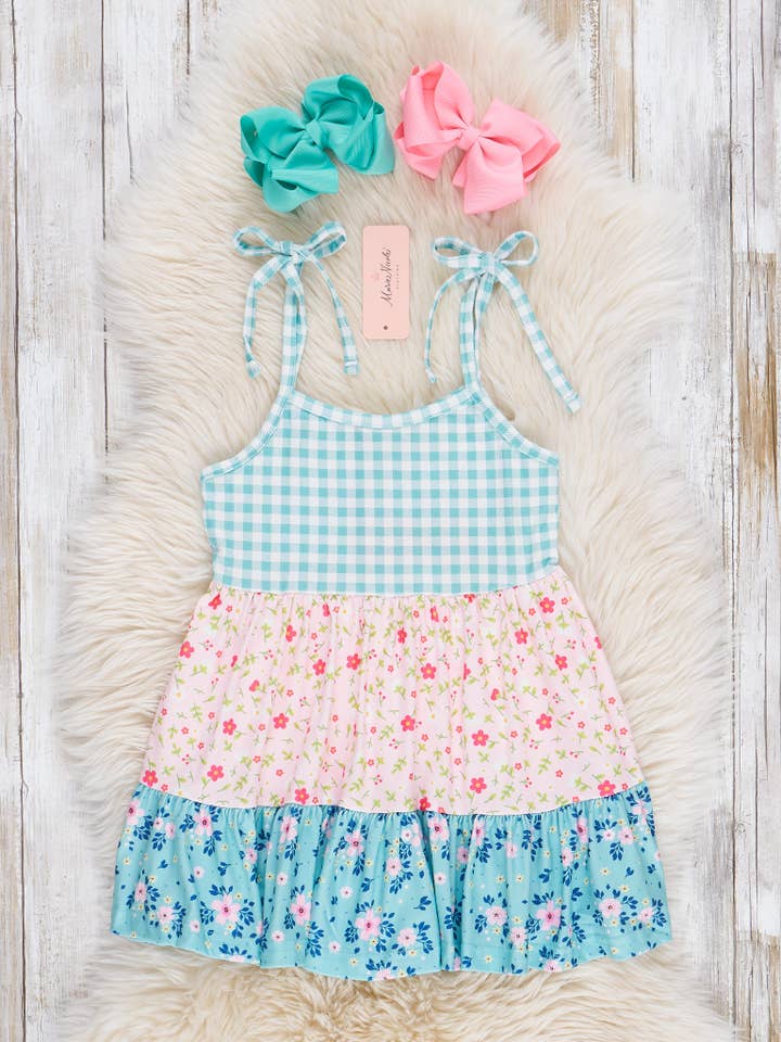 Turquoise Gingham & Pink Florals Ruffle Dress for wholesale by Marie Nicole Clothing