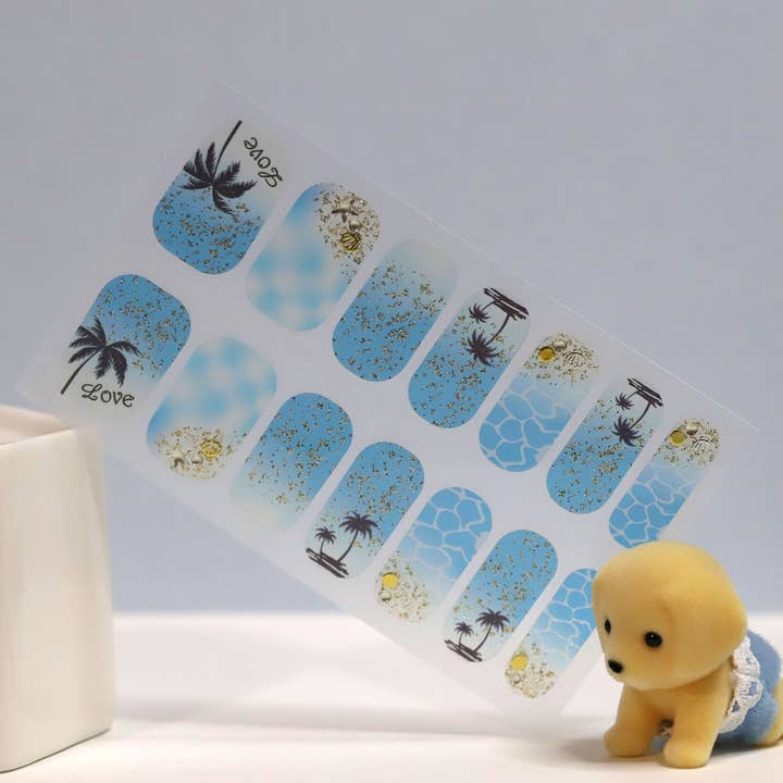 ClebleNails - Vendita all'ingrosso Nail art/decalcomania unghie - Impacchi per unghie Tropical Blue Beach/Strisce di smalto 3D Ocean Ombre trasparenti/Adesivi glitter dorati/Impacchi per unghie estivi da donna3