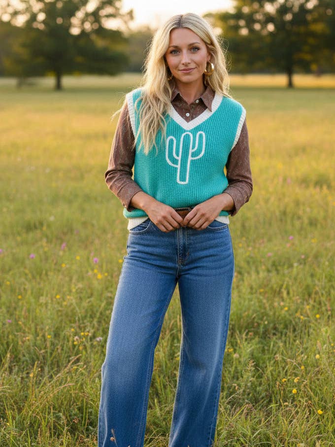 TH4213 TURQUOISE CACTUS VNECK SWEATER (7 Piece) for wholesale by Turquoise Haven