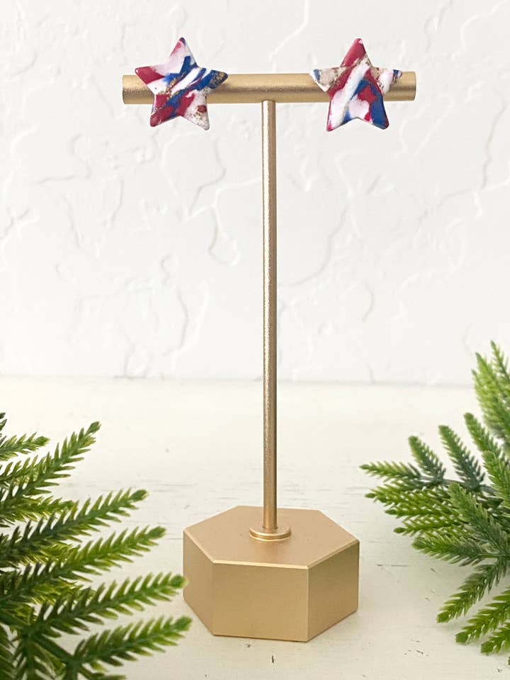 4th of july earrings, clay, handmade, red, white, blue, star for wholesale by midnightclayco