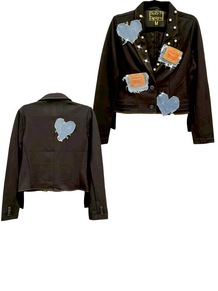 Cropped Blazer w/ Vintage Denim Frayed Hearts, Tags & Pearls for wholesale by Suzy T Designs