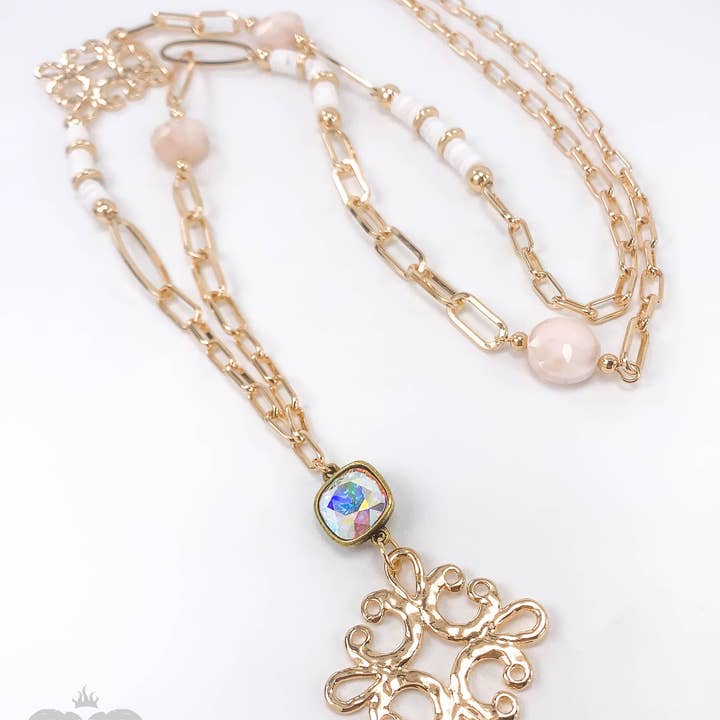 Pink Panache Brands - Wholesale Pendant/Charm Necklace - Scroll cross and bead necklace with Austrian crystal