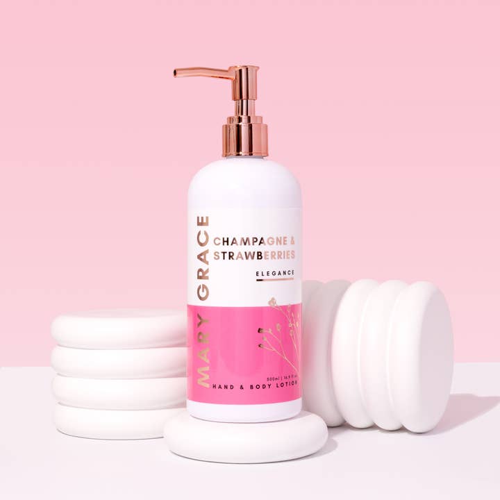 Champagne & Strawberries 500ml Hand & Body Lotion for wholesale by Mary Grace