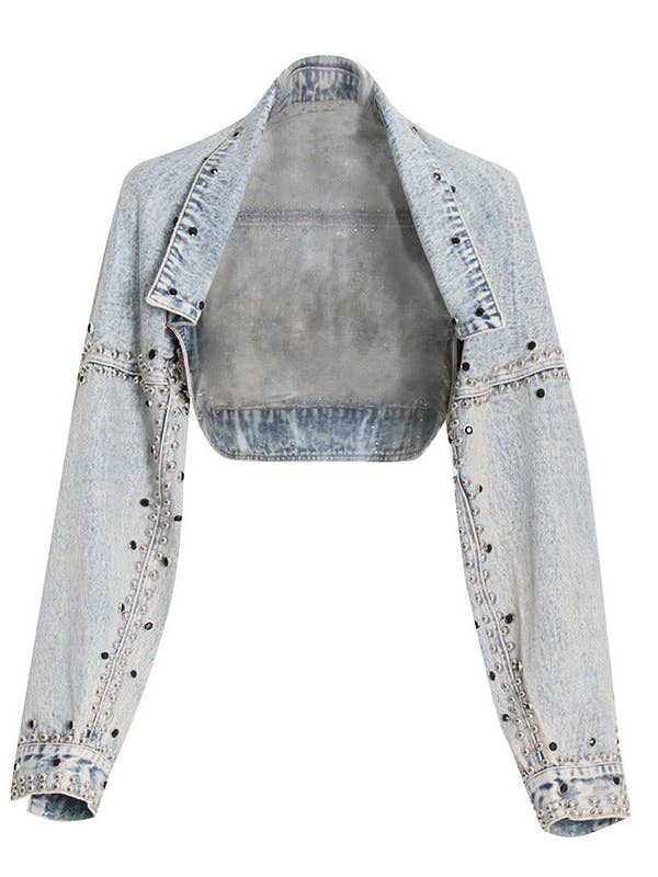 Veste-chemise en denim à manches longues, coupe ample, rivets industriels, style automne femme pour la vente par VividLux