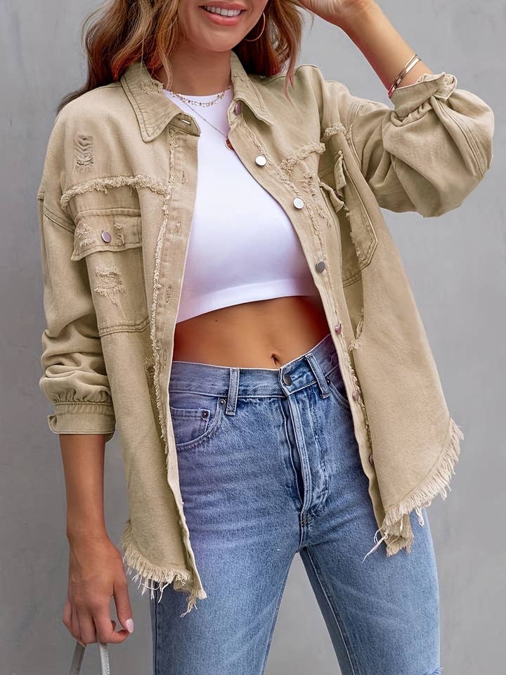 HIDDENBRAND - Wholesale Denim Jacket - Women's - Ripped Loose Denim Jacket