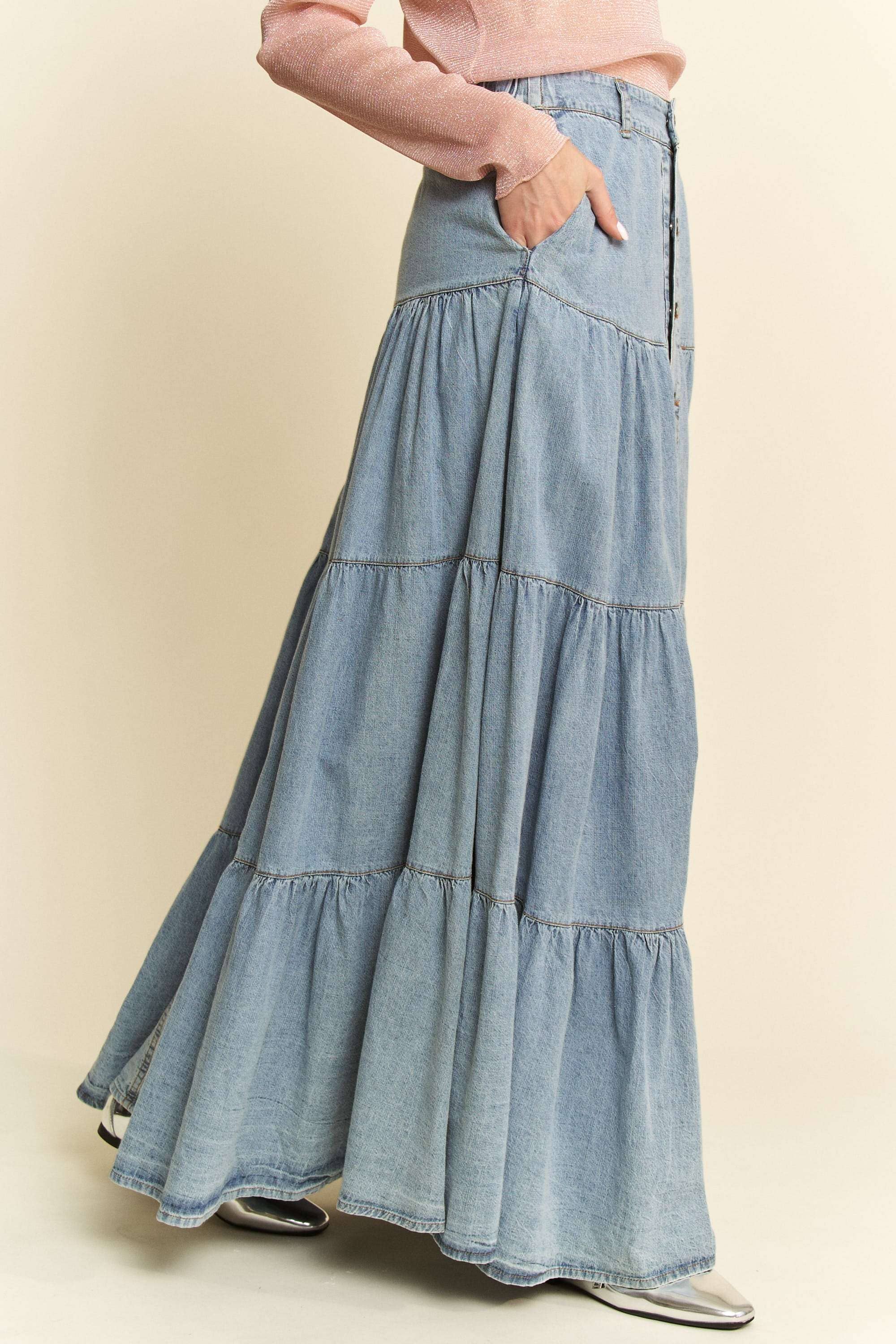DENIM BUTTON FRONT RUFFLE HEM DENIM MAXI SKIRT for wholesale on Faire4