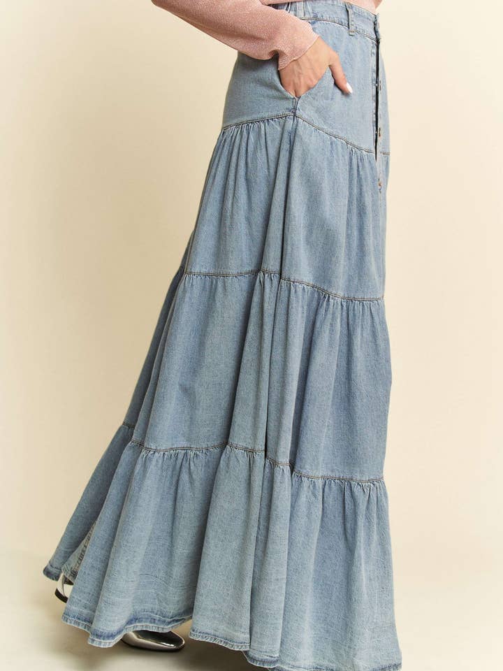DENIM BUTTON FRONT RUFFLE HEM DENIM MAXI SKIRT for wholesale on Faire4
