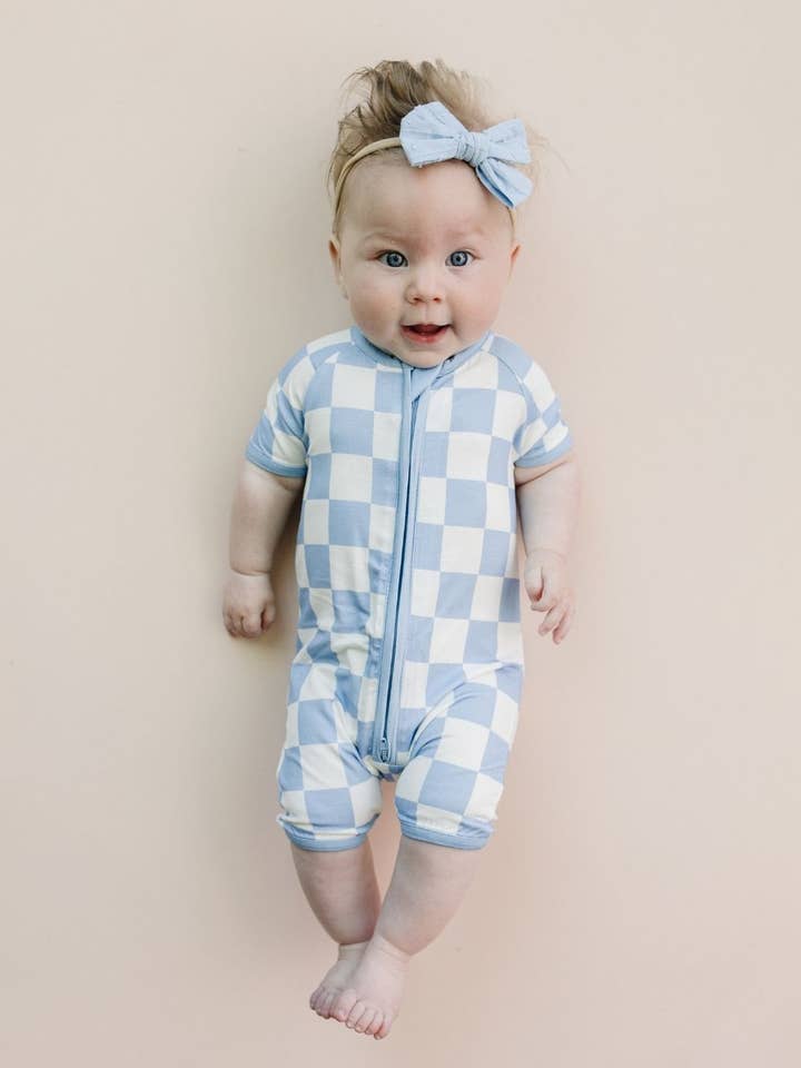 Lucky Panda Kids - Wholesale Jumpsuit - Baby - Baby Bamboo Shorty Romper | Blue Checkered