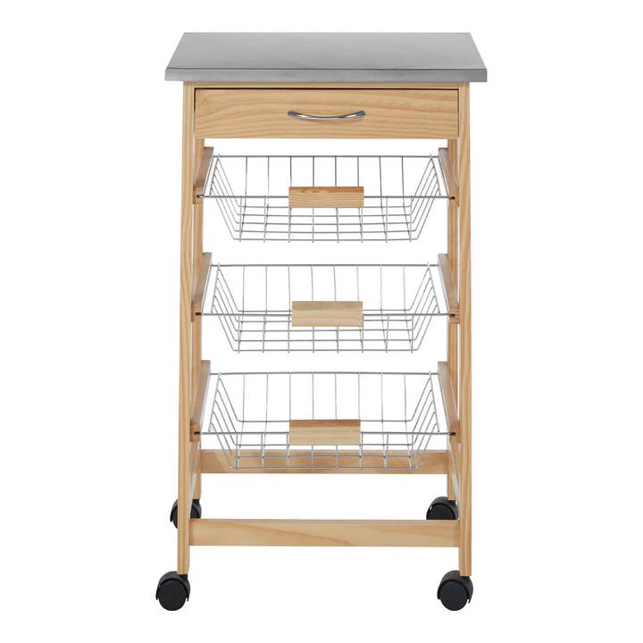 Glenn 3 Wire Baskets Pinewood Kitchen Trolley for wholesale by Interiors by Premier