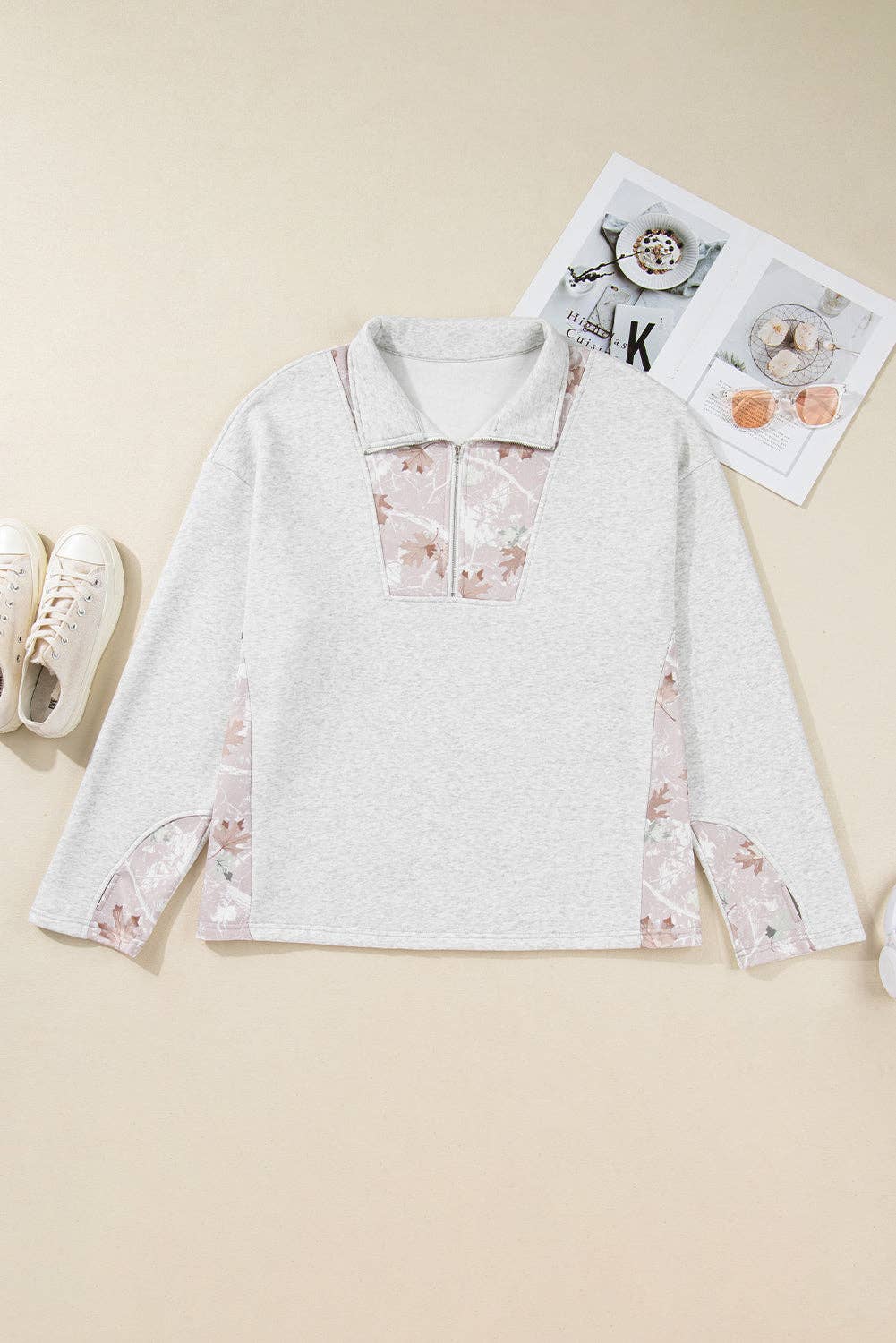 Gray Plus Size Camo Patchwork Zipped Collar Pullover Sweatshirt for wholesale on Faire5