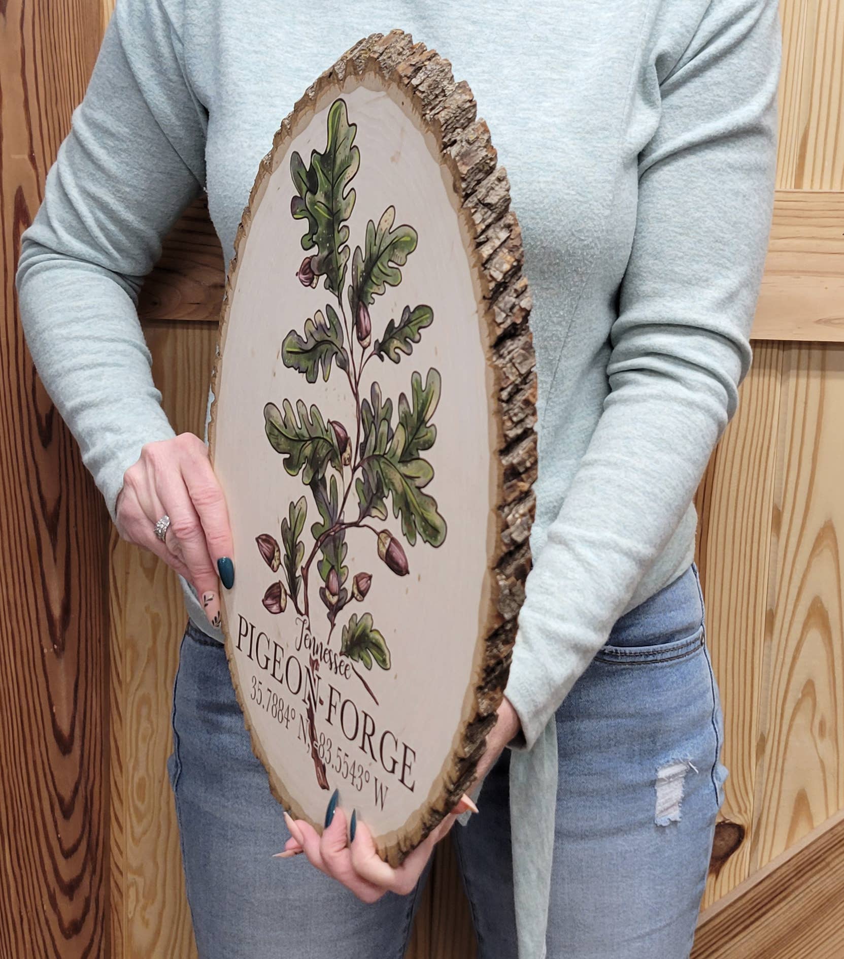 Map Mom - Wholesale Sign - Live Edge Wood Oval Shape- Custom Location - Pine Branch Art2