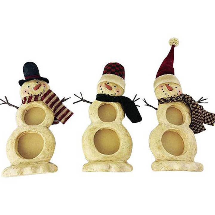 Trío de marco de fotos de muñecos de nieve de Paper Maché con 2 ranuras redondas cada una, de pie, surtido, juego de 3 - 10.5 pulgadas de alto para venta al por mayor de Birch Maison