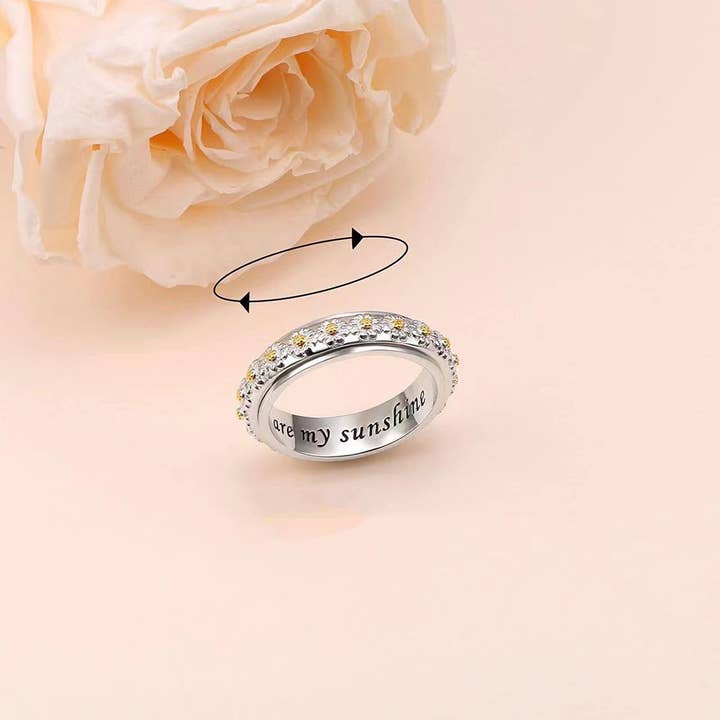 Perimade & Co. LLC - Wholesale Multi-Stone Ring - Daisy Flower Anxiety Fidget Spinner Ring in Solid Copper