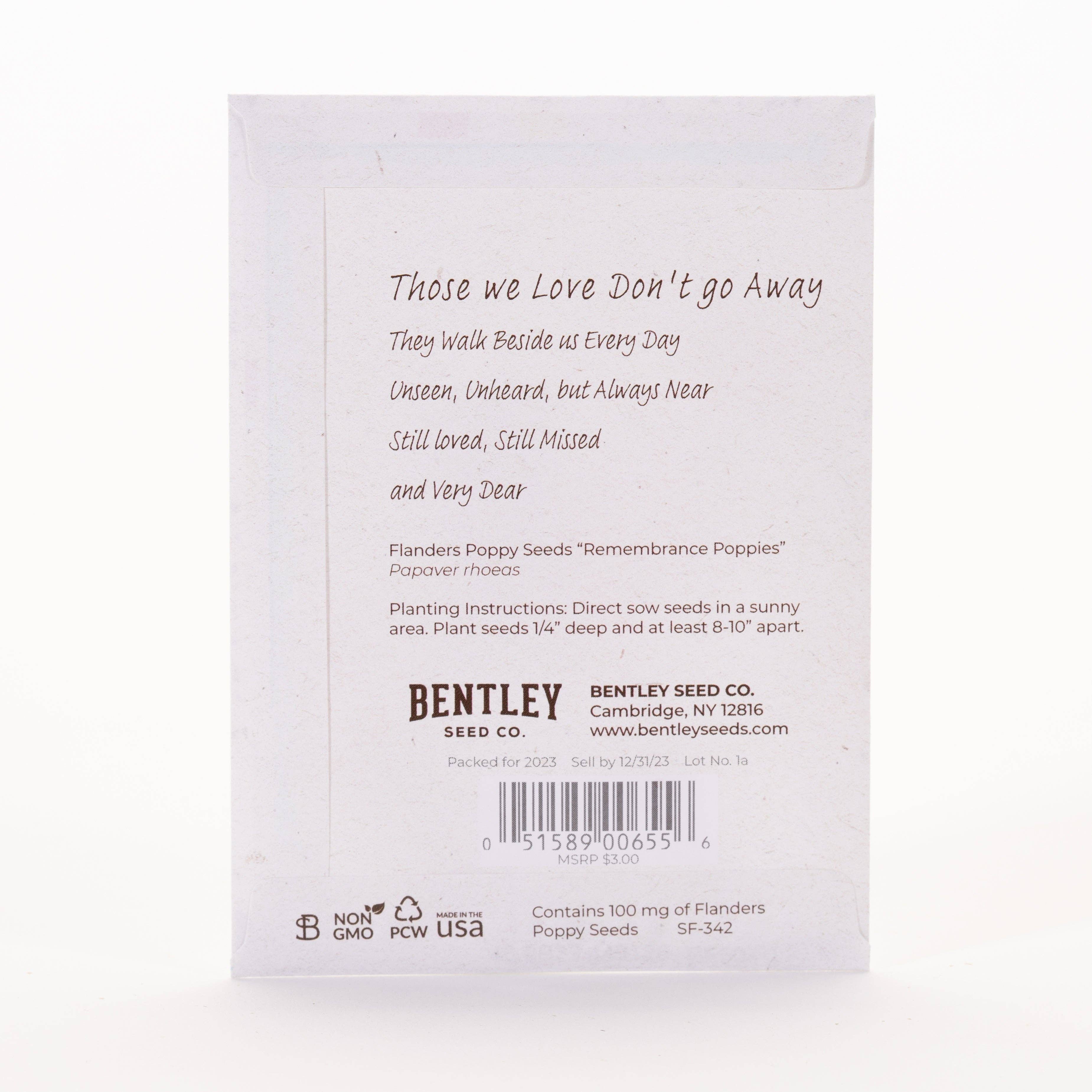 Bentley Seed Co. - Wholesale Sympathy Card - Memorial Cardinal - Flanders Poppy Seed Packets4