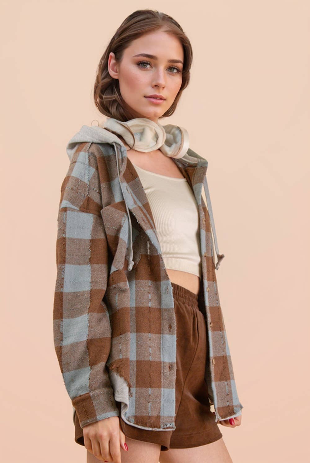 VERY J - Wholesale Jacket - Women's - NT12253-Oversized Flannel Hooded Button Down Jacket25