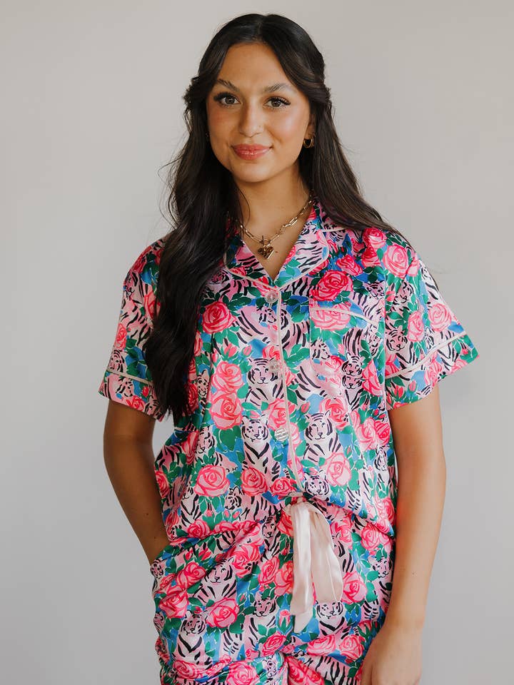 Spikes and Seams - Wholesale Sleepwear Set - Women's - Tiger print pajamas, Safari pajama set, Resort matching set