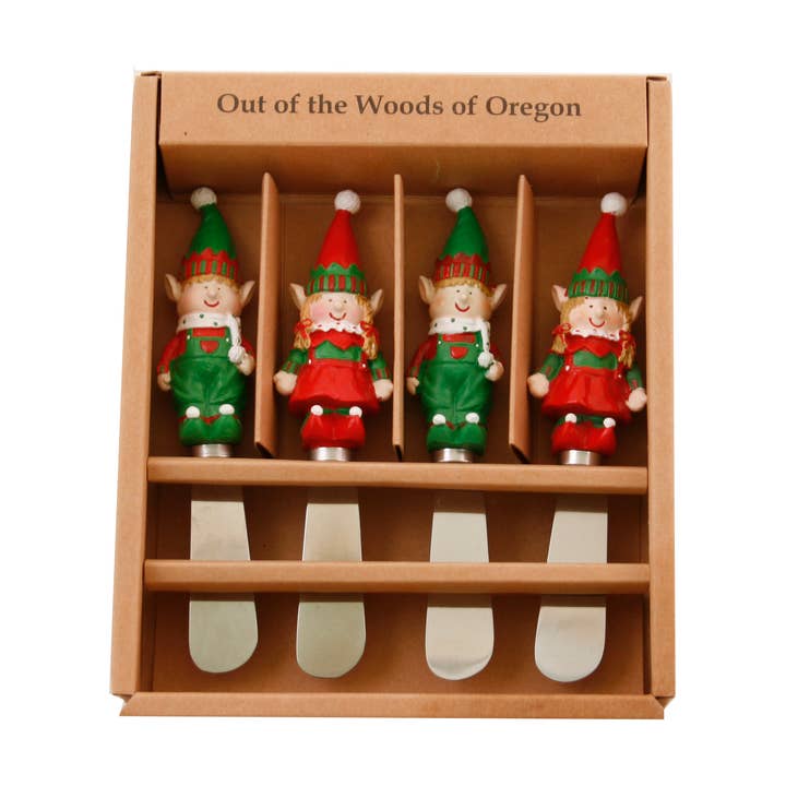 Set of 4 Cheese Spreader Knives - Christmas Elves for wholesale by Out of the Woods of Oregon