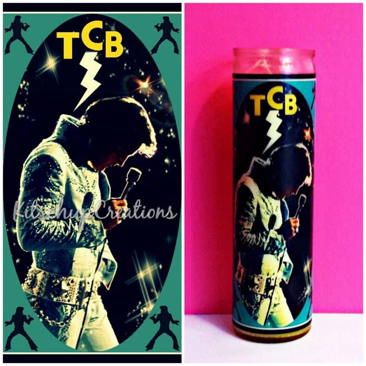 Elvis TCB Prayer Candle for wholesale by Kitschup Creations