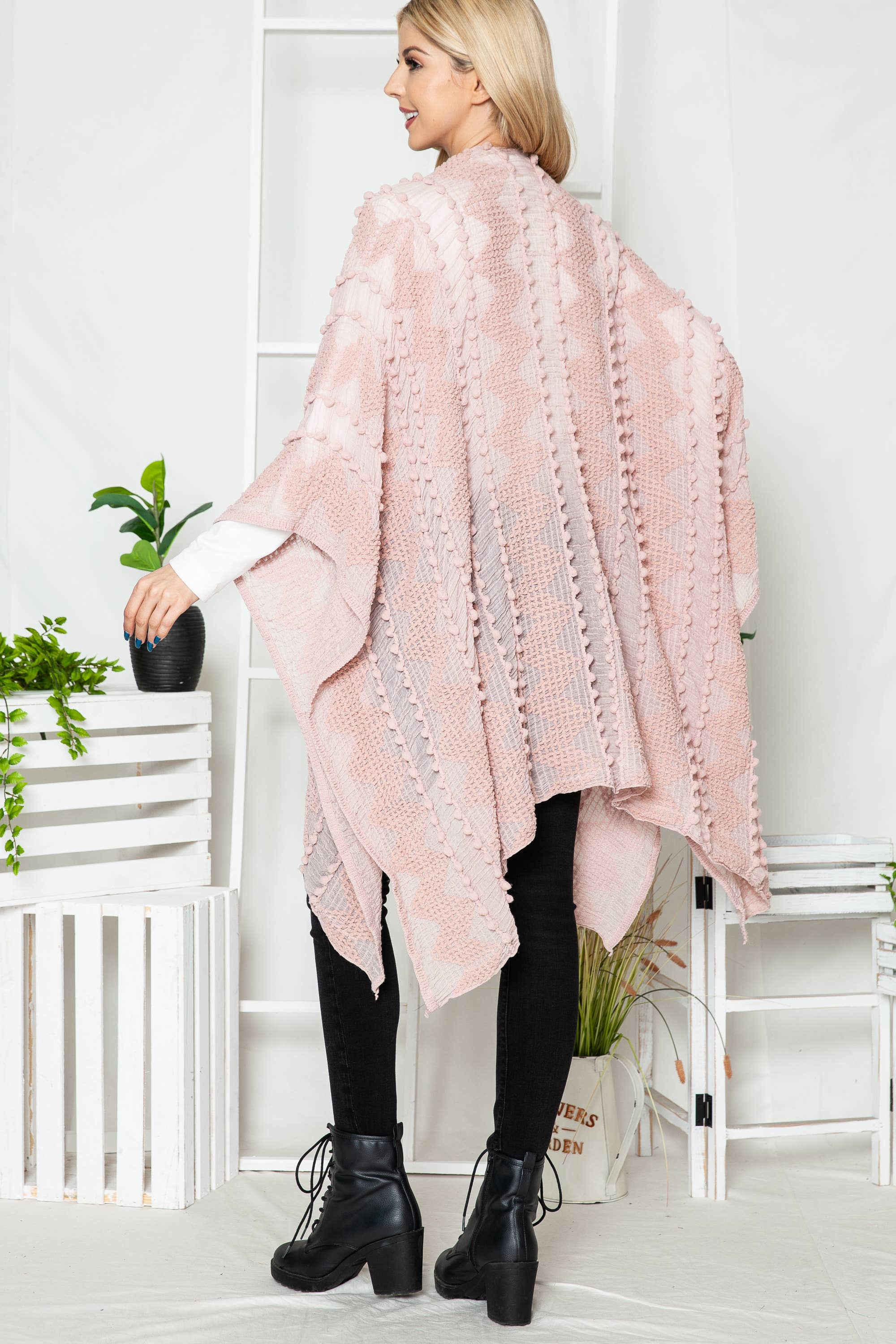 Justin & Taylor - Wholesale Kimono - Women's - Puffer-Up | Soft Textured Cover-Up Kimono With Pom Detail35