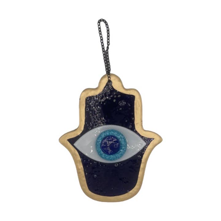 Vidrio fundido, Hamsa, Evil Eye, azul oscuro, adorno de pared, protección del hogar para venta al por mayor de Atar Gifts