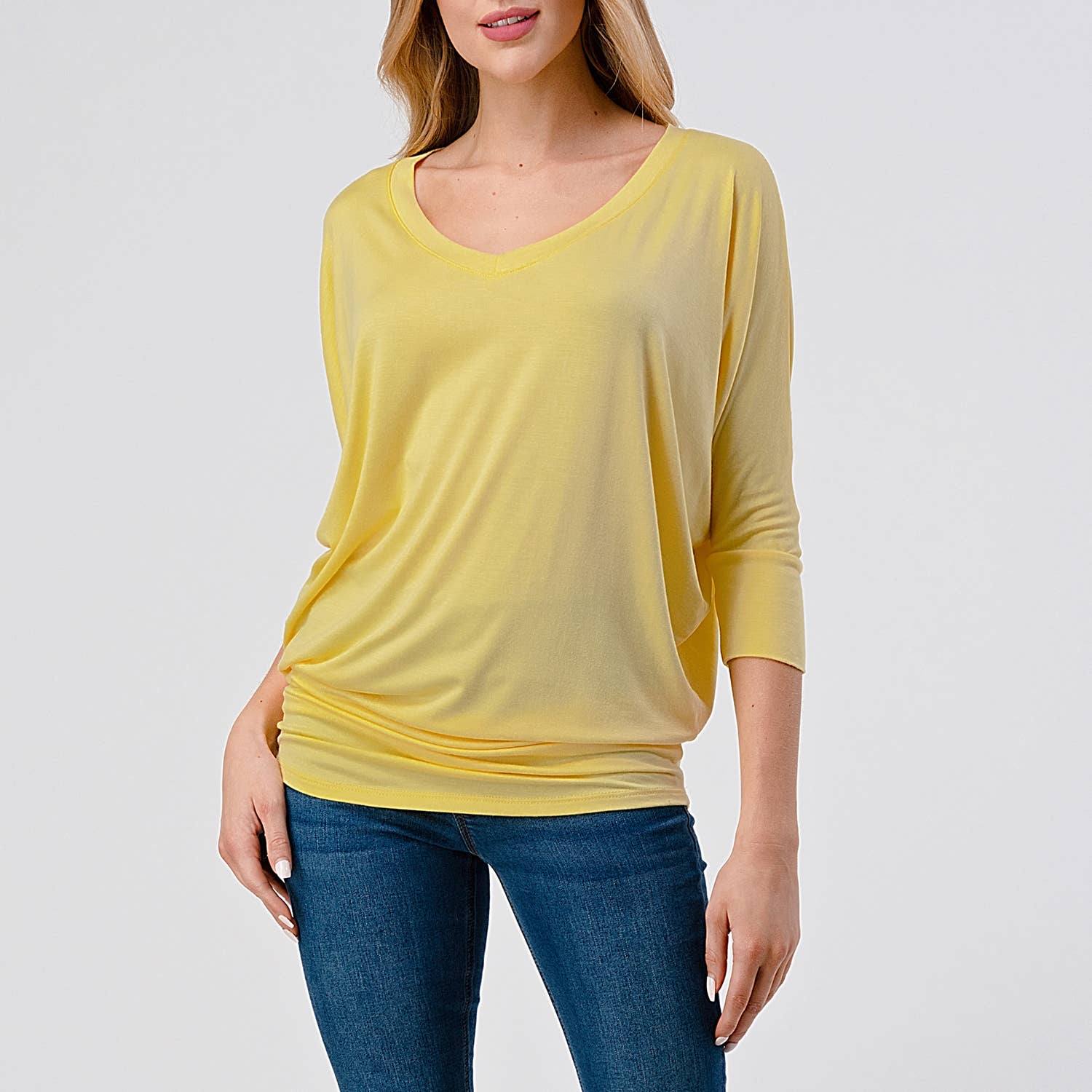 Heimious - Wholesale Knit Top - Women's - 3/4 Dolman Sleeve V-neck Modal Jersey Top, 2573112