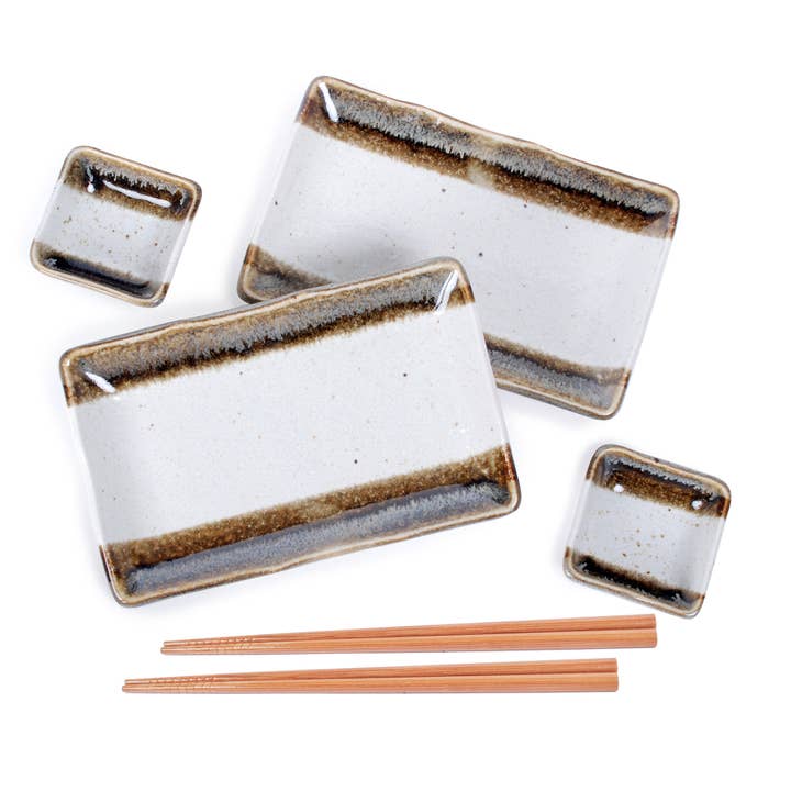 GIFT SET: TABLETOP SET-WHITE WITH BROWN BRUSH STRIPE JAPAN for wholesale by Fuji Merchandise Corporation