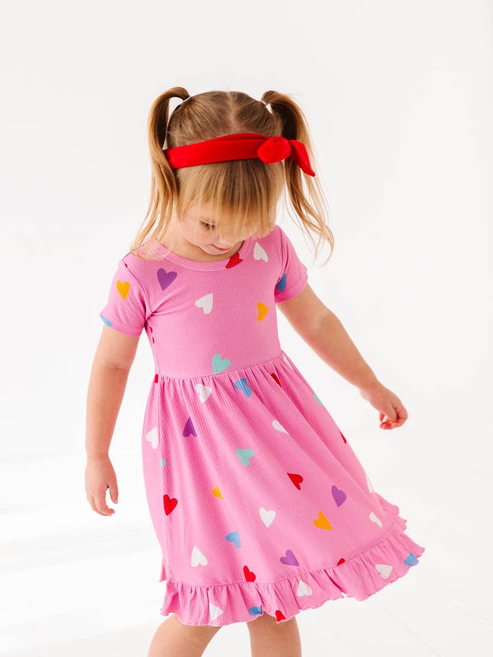 Colorful Hearts Ribbed Twirl Dress for wholesale by Little Pajama Co.