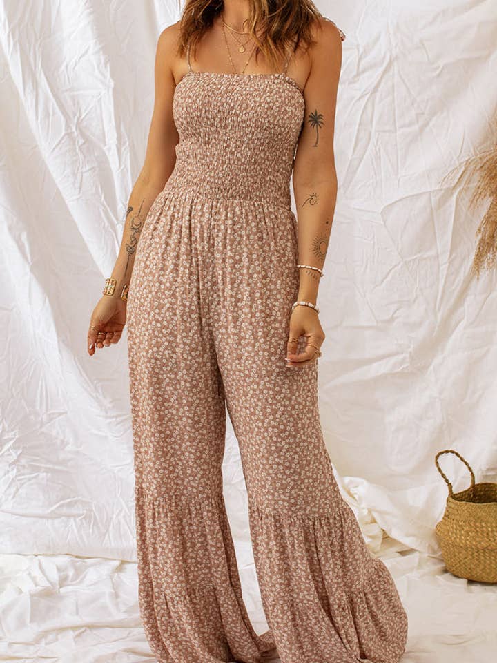 Lovesoft - Wholesale Jumpsuit - Women's - Thin Straps Smocked Bodice Wide Leg Floral Jumpsuit