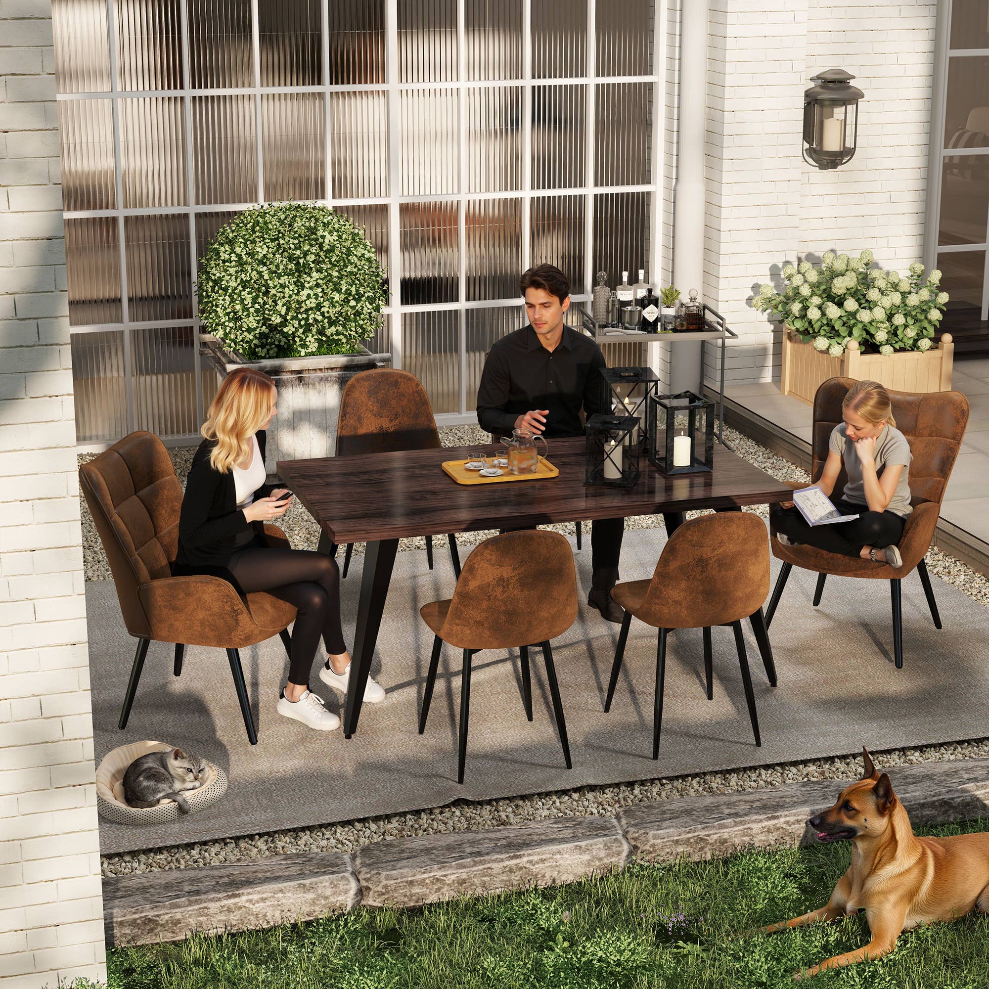 39F Inc. - Vente Salon de terrasse - Ensemble de salle à manger 5 pièces avec table marron de 63" et 4 chaises en suède3